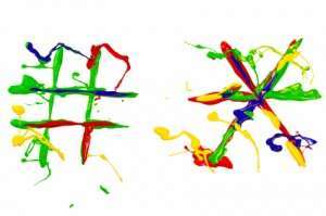 Two punctuation signs painted multicolor